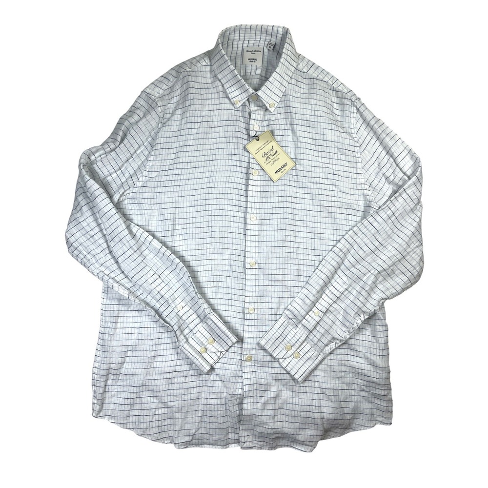 NWT Murano Baird McNutt Men's XL Slim Fit Plaid 100% Linen Button Up Shirt